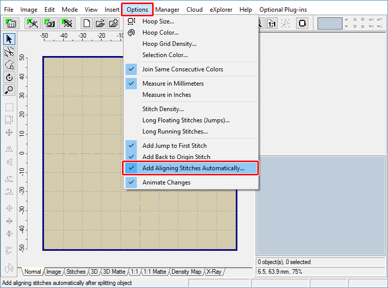 Embird Tutorial - Check "Options > Add Aligning Stitches Automatically" option