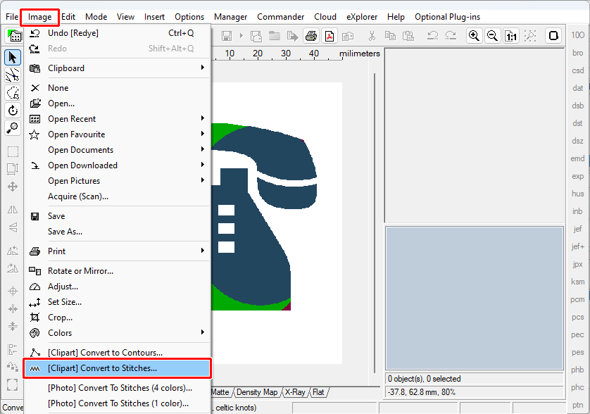 Select menu "Image > [Clipart] Convert to Stitches"