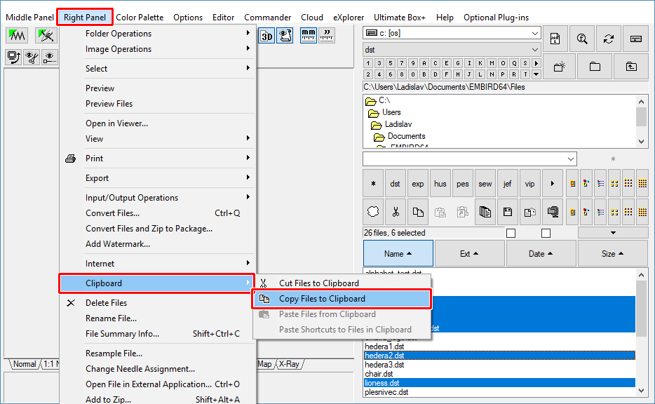 Select "Right Panel > Clipboard > Copy Files to Clipboard" menu to copy the selected files to the clipboard