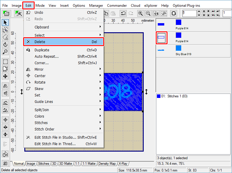 Delete basting stitches used only for bounding of area being filled