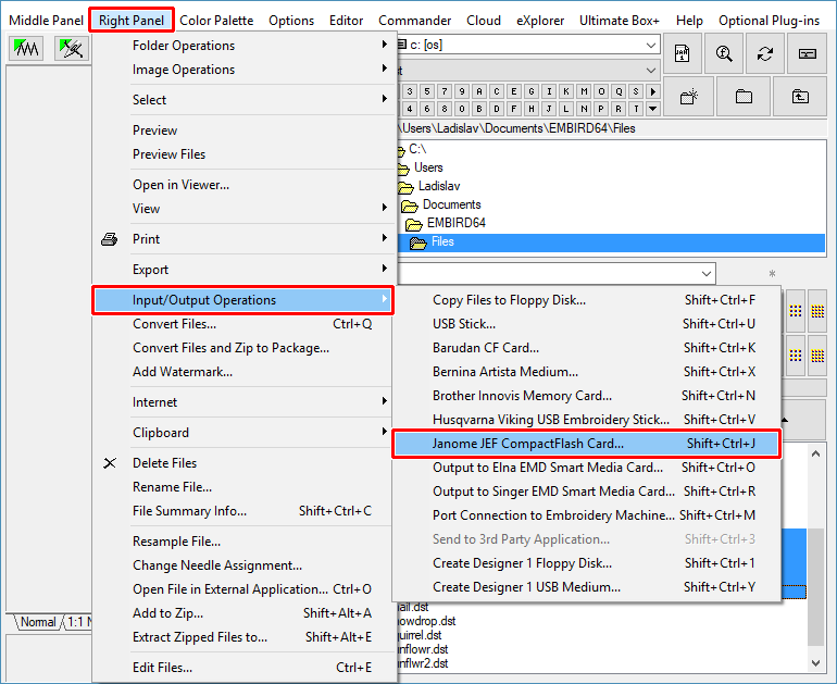 Select "Right Panel > Input/Output Operations > Janome JEF CompactFlash Card" menu