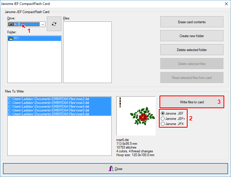 Select drive, format and write files to card