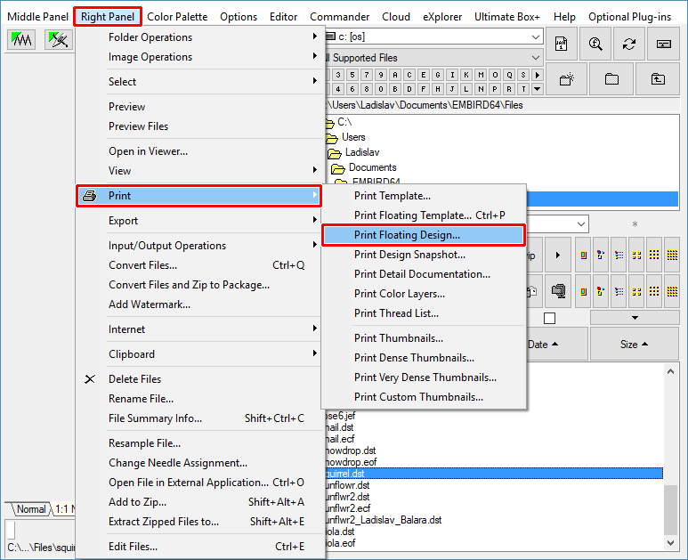 Select "Right Panel > Print > Print Floating Design" menu