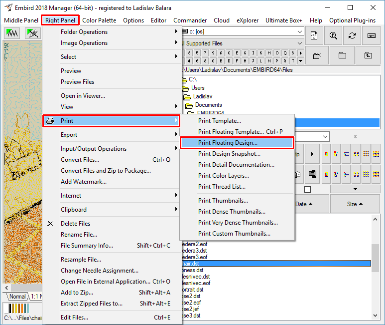 Select "Right Panel > Print > Print Floating Design" menu again