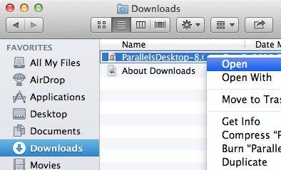 Open Parallels installation file from Downloads