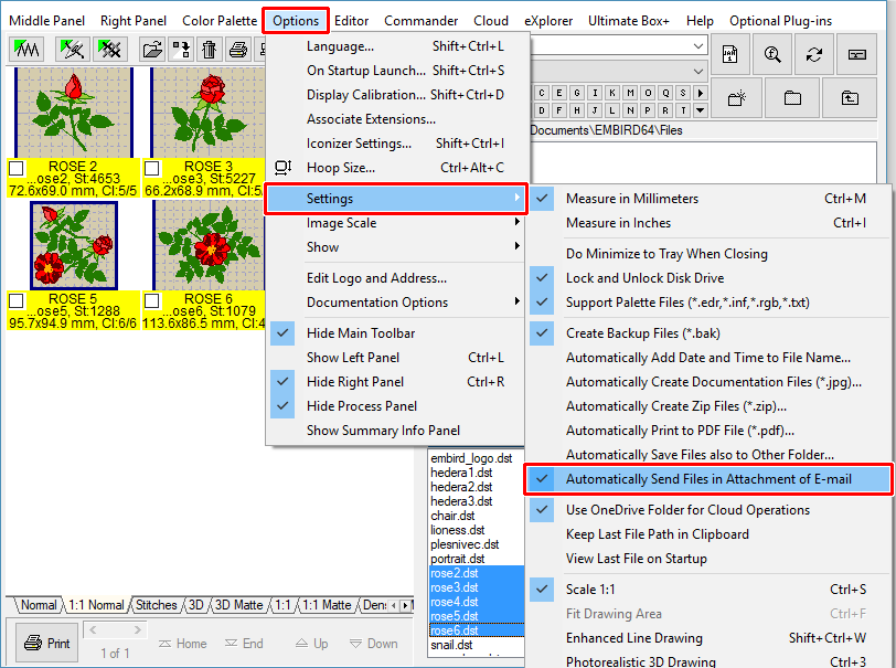 Option "Options > Settings > Automatically Send Files in Attachment of E-mails"