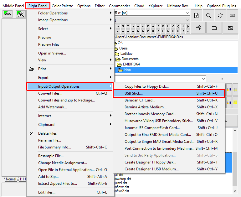 Select "Right Panel > Input/Output Operations > USB Stick" menu