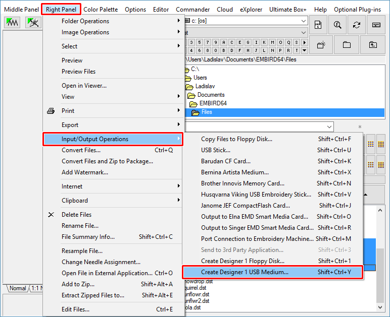 Select "Right Panel > Input/Output Operations > Create Designer 1 USB Medium" menu