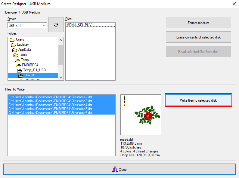 Write designs to selected Disk