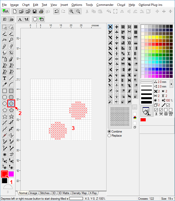 Draw two red filled circles